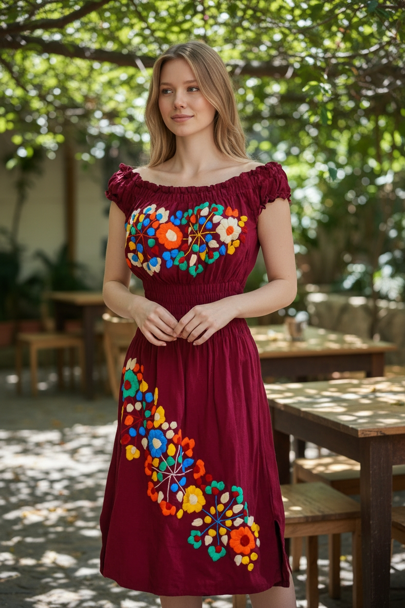 vestido tirante, artesanal de manta bordada a Mano | Vino y Azul - NAWI