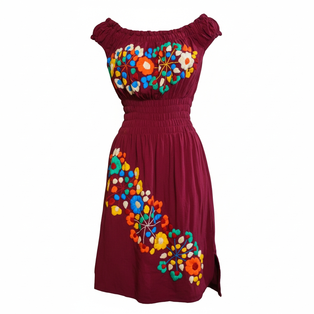 vestido tirante, artesanal de manta bordada a Mano | Vino y Azul - NAWI