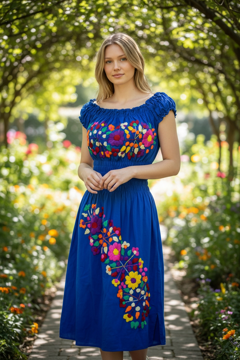 vestido tirante, artesanal de manta bordada a Mano | Vino y Azul - NAWI