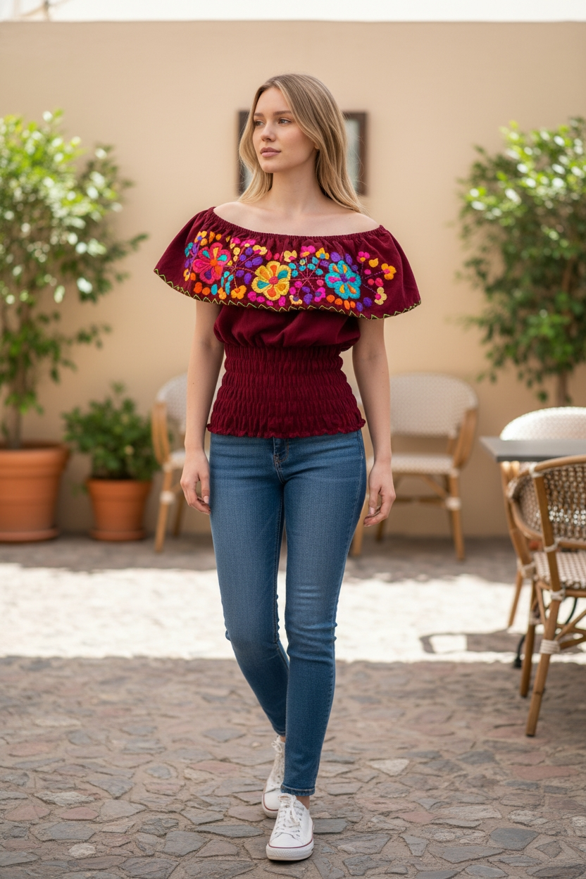 Blusa Olan manta, artesanal para mujer bordada a mano | Guinda y Azul Marino – NAWI